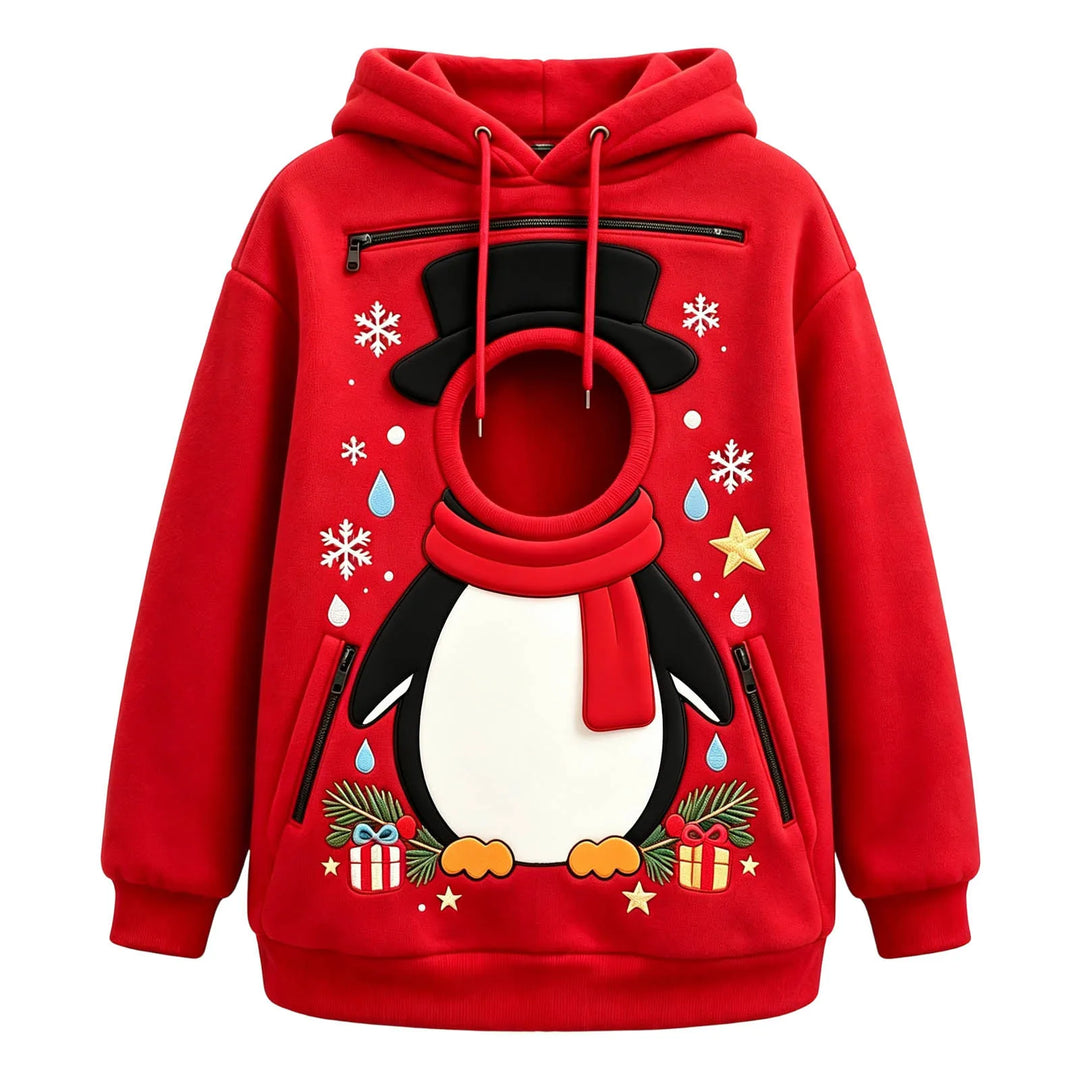 Red penguin hoodie front view, showing a circular front opening, long sleeves, drawstrings and black zipper pockets on white.