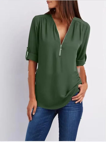 Women’s Deep V Neck Chiffon Blouse – Loose Longline