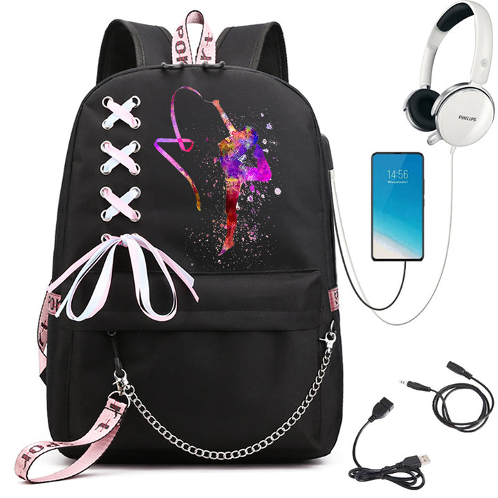 A black backpack with bright hoop gymnast print, ribbon lacing and pink webbing, beside phone and headphone props in a photo.