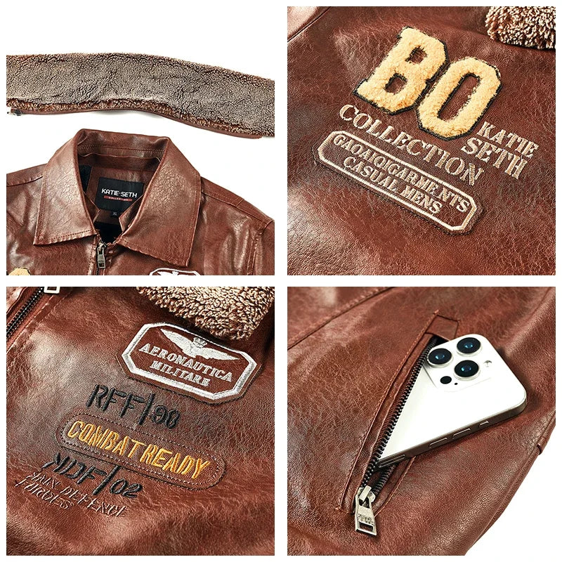 Brown jacket detail collage showing the removable collar, chest graphics, faux leather texture and zip pocket.