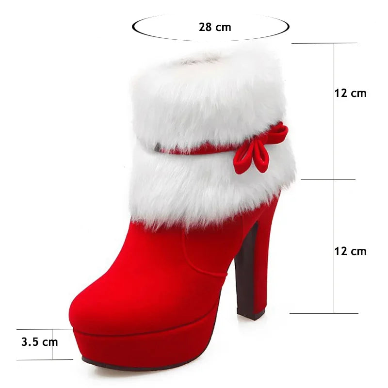 Red boots diagram showing a 28 cm opening, two 12 cm vertical measurements and a 3.5 cm front platform on a white background.