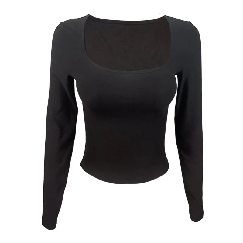 Black square neck long sleeve top shown as the sold black color variant.