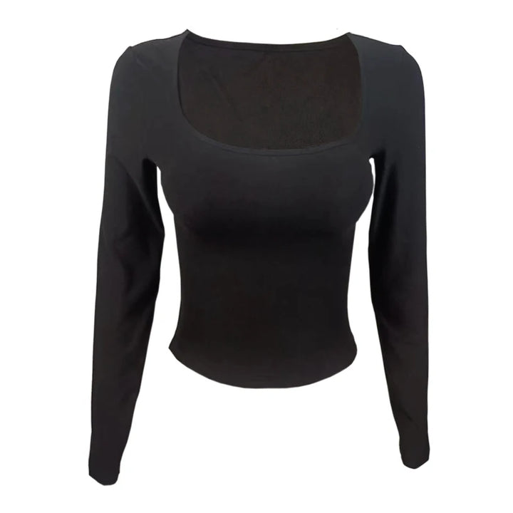 Black square neck long sleeve top shown as the sold black color variant.