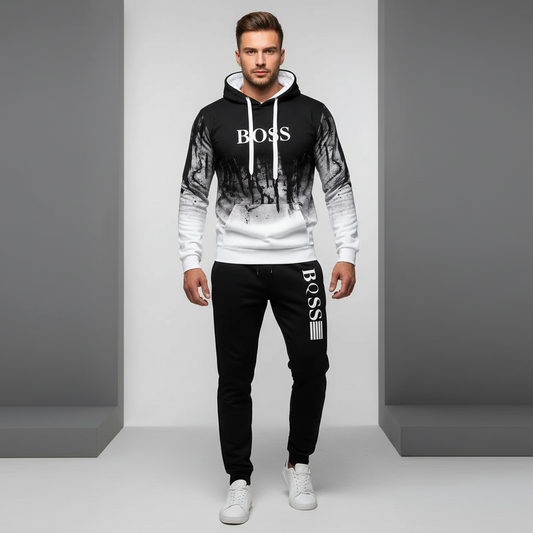 "men's splash ink hooded sweatsuit two piece polyester tracksuit in red and black for gym sessions and urban outfits"