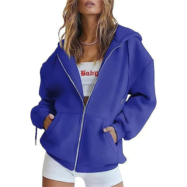 Royal blue long sleeve full zip hoodie shown on a model, with original details, shown in the original supplier image gallery.