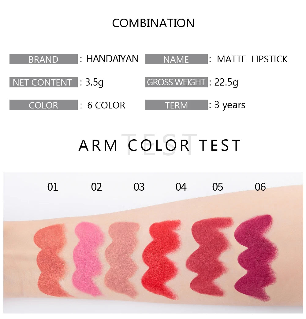 Matte Lipstick – 6 Colors, Non-Fading All Day