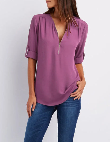 Women’s Deep V Neck Chiffon Blouse – Loose Longline