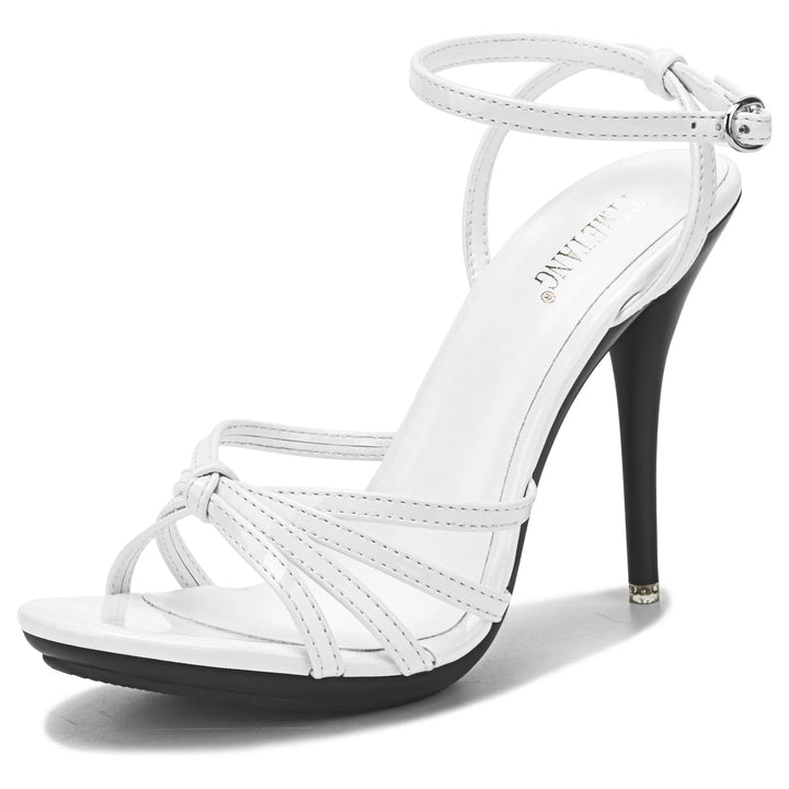 White strappy high-heeled sandal on a white background