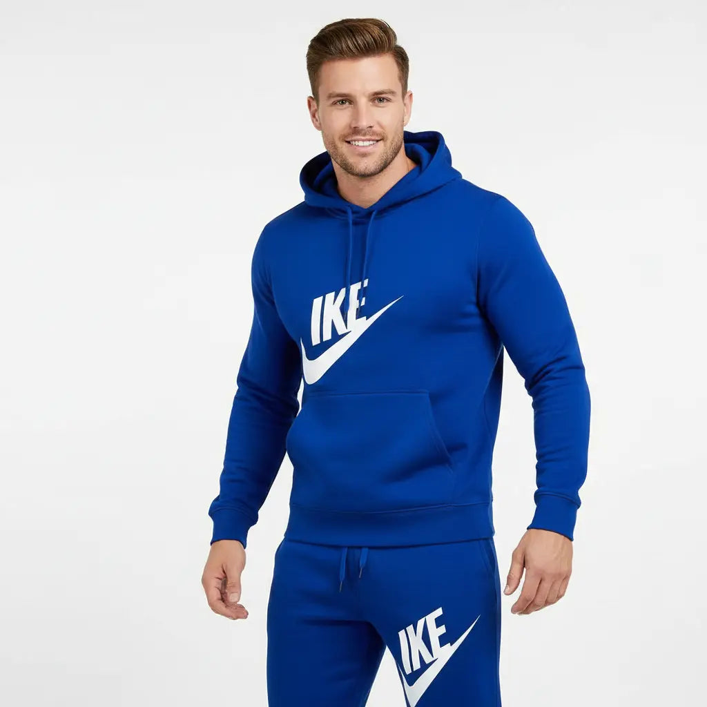 "mens tracksuit set navy blue hoodie pants athletic wear"