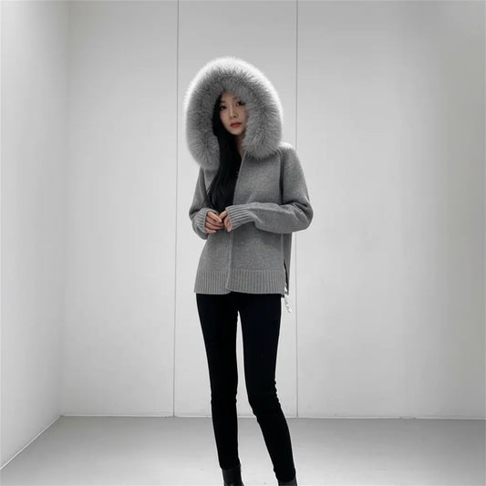 women’s loose knit jacket full zipper oversized fit cozy winter layering