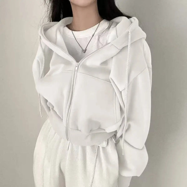 White cropped full zip hoodie shown on a model, with the original visual details, retained from the original product gallery.
