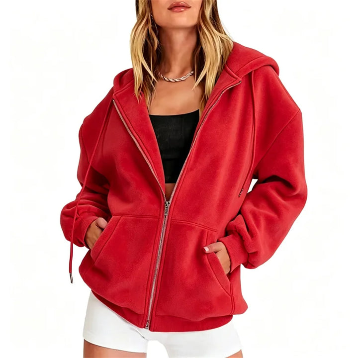 Burgundy long sleeve full zip hoodie shown on a model, with its original details, retained from the original product gallery.