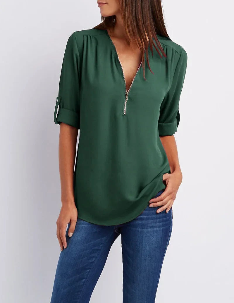 Women’s Deep V Neck Chiffon Blouse – Loose Longline