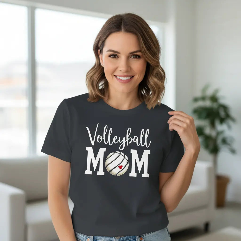 "volleyball mom t shirt short sleeve crew neck sports fan top in black with bold volleyball graphic for matches"