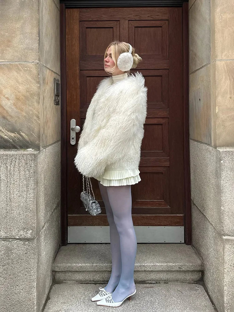 White Cropped Faux Fur Coat - Plush volume, clean-lined