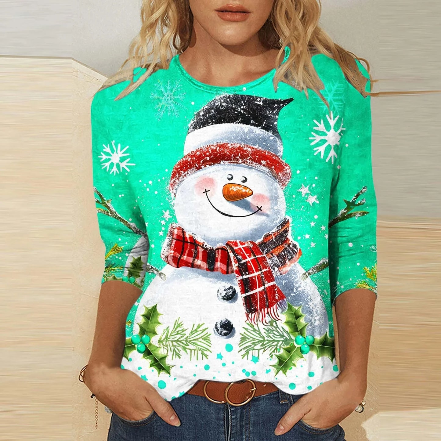 Women's Christmas Snowman Tee – 3D Long Sleeve Glow Top
