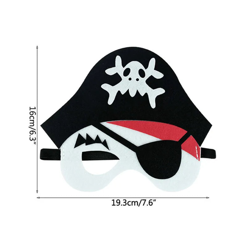 Black, white and red pirate felt mask with eye patch; dimensions show the width 19.3 cm or 7.6 in and height 16 cm or 6.3 in.