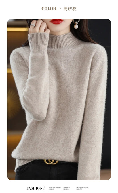 Half high collar women sweater soft polyester acrylic blend, flat lay showing long sleeves and solid minimalist style
