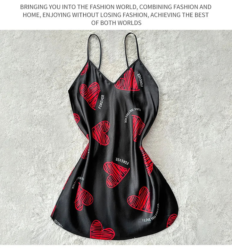 Women’s satin slip nightdress red lip print, V-neck backless mini sleepwear dress, printed nightdress for summer
