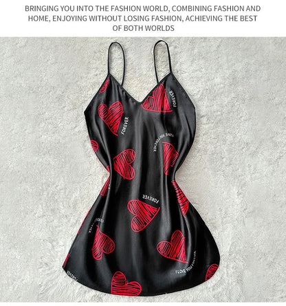 Women’s satin slip nightdress red lip print, V-neck backless mini sleepwear dress, printed nightdress for summer