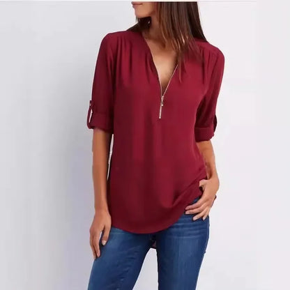 Women’s Deep V Neck Chiffon Blouse – Loose Longline