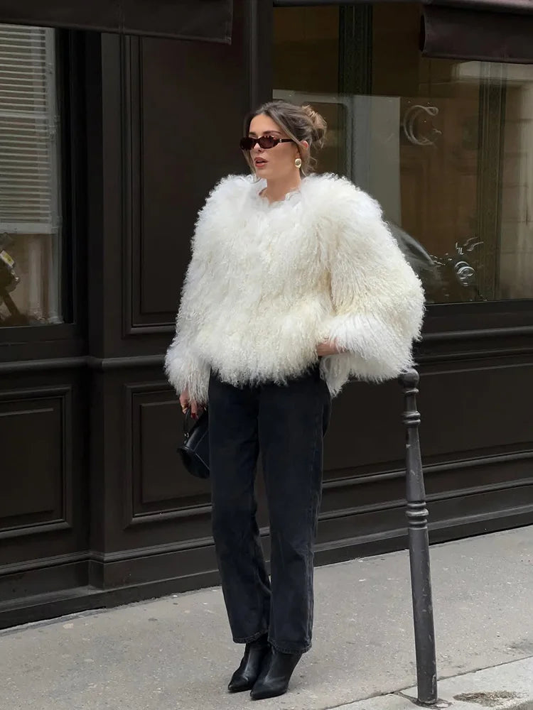 White Cropped Faux Fur Coat - Plush volume, clean-lined