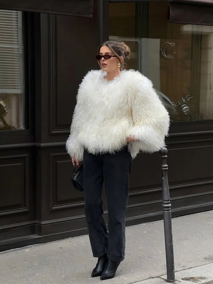 White Cropped Faux Fur Coat - Plush volume, clean-lined