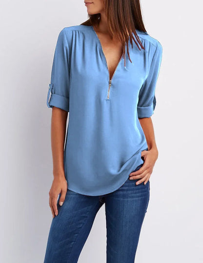 Women’s Deep V Neck Chiffon Blouse – Loose Longline