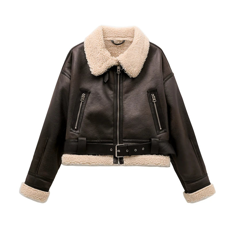 Faux fur coat women front view zipped up with defined waist, warm thick faux shearling outerwear for winter days