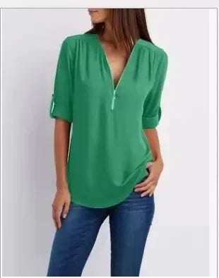 Women’s Deep V Neck Chiffon Blouse – Loose Longline