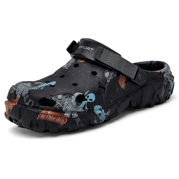 Black graffiti clog with a black strap, front angle
