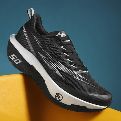 men's running shoes heel support view with soft collar and EVA cushioning for stable stride on hard court
