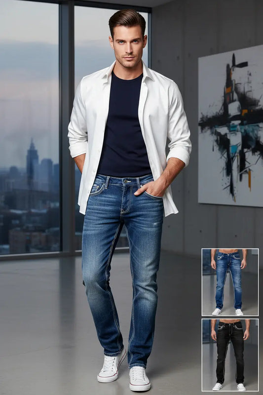 men's straight leg jeans medium wash denim trousers loose fit with 5-pocket design for everyday smart casual looks
