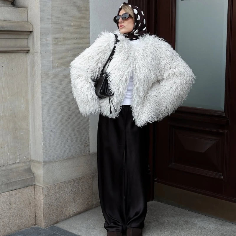 White Cropped Faux Fur Coat - Plush volume, clean-lined