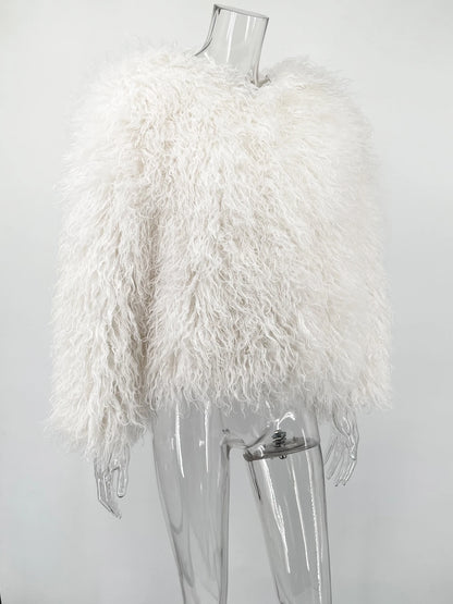 White Cropped Faux Fur Coat - Plush volume, clean-lined