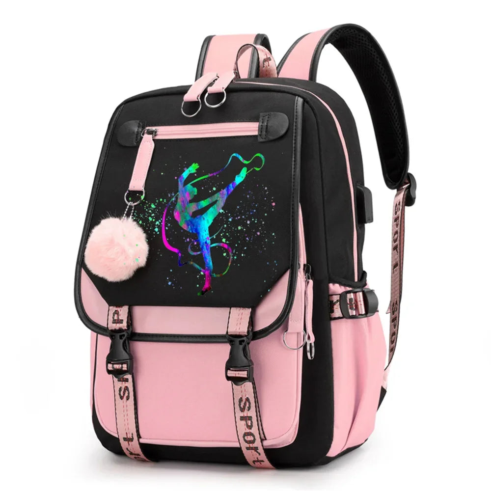 Pink and black backpack in design 1D-35-10 with a colorful gymnast print, buckle straps and pink pendant, shown against white