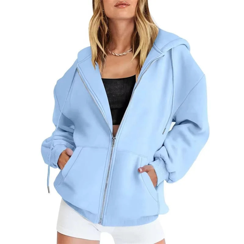 Light blue long sleeve full zip hoodie shown on a model, with original details, shown in the original supplier image gallery.