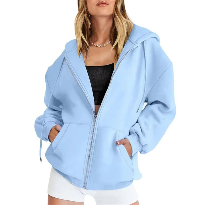 Light blue long sleeve full zip hoodie shown on a model, with original details, shown in the original supplier image gallery.
