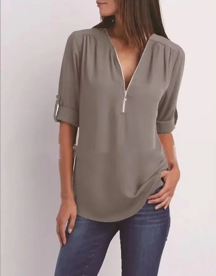 Women’s Deep V Neck Chiffon Blouse – Loose Longline