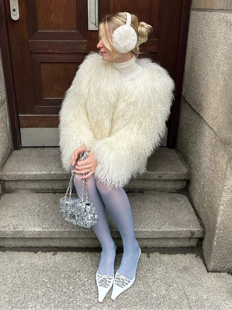 White Cropped Faux Fur Coat - Plush volume, clean-lined