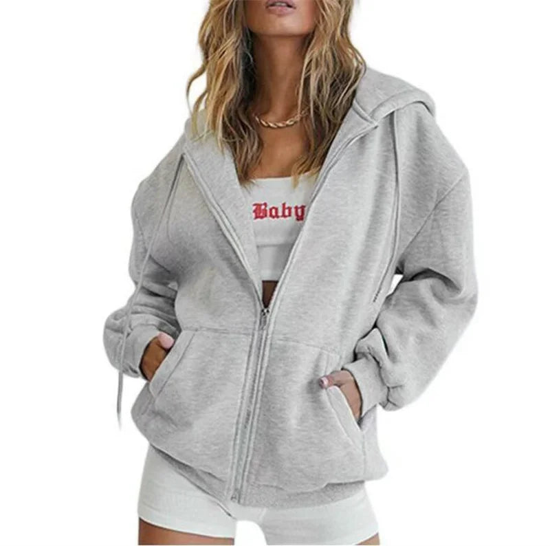 Light grey long sleeve full zip hoodie shown on a model, with original details, shown in the original supplier image gallery.