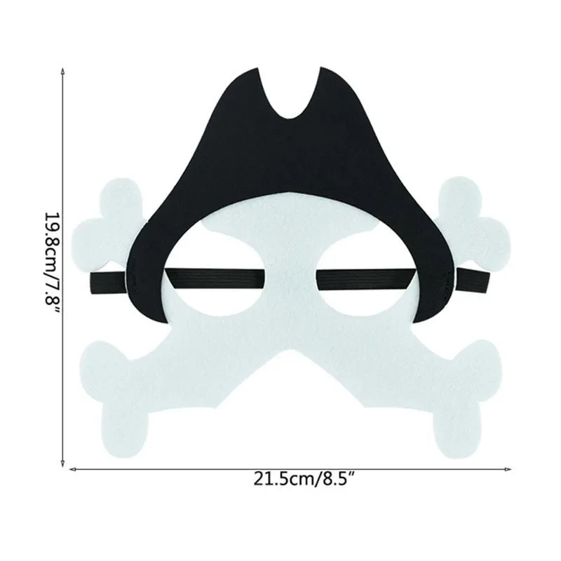 White pirate bones felt mask with a black hat, shown with original width and height measurements on a plain white background.