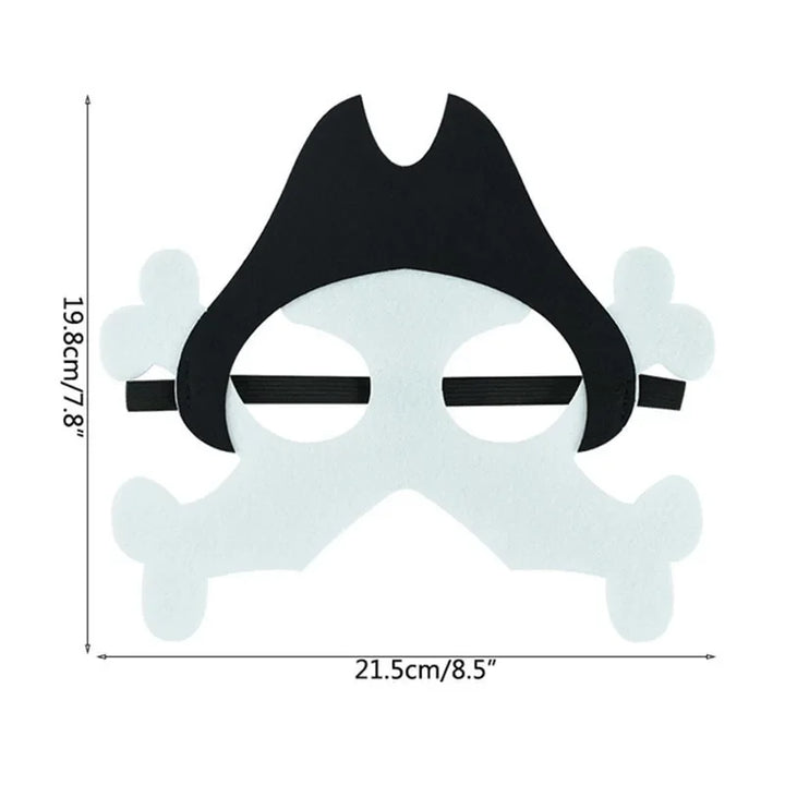 White pirate bones felt mask with a black hat, shown with original width and height measurements on a plain white background.