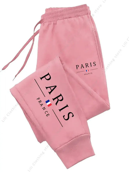 Women's jogger pants Paris graphic fleece fabric mid waist drawstring and pockets for gym warmup and athleisure
