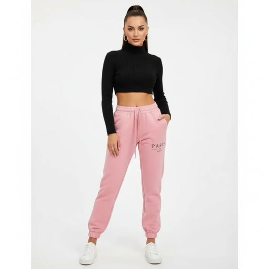Women's Paris print sweatpants tapered jogger fit polyester fleece with pockets for cozy travel and lounge days
