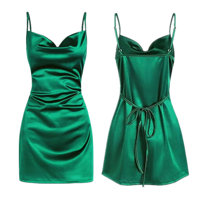 Satin backless dress in apricot – soft summer tone with strappy design