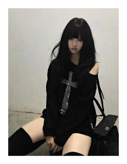 Seeslim Y2K Women's One-Shoulder Graphic Hoodie