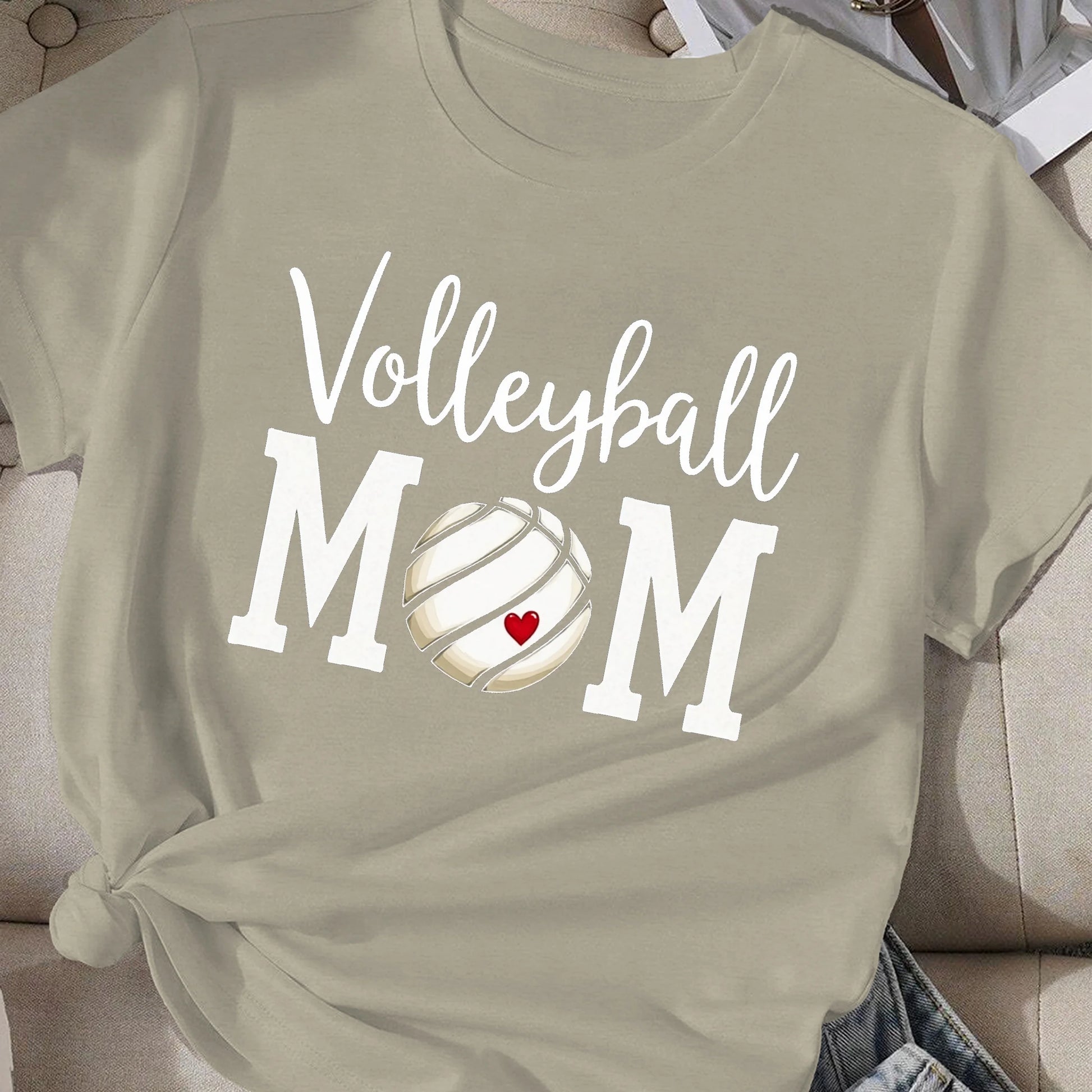 "polyester volleyball mom shirt breathable casual game day tee styled with jeans for cheering in the stands"