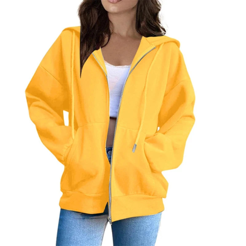 Yellow long sleeve full zip hoodie shown on a model, with original details, retained as an original supplier reference image.