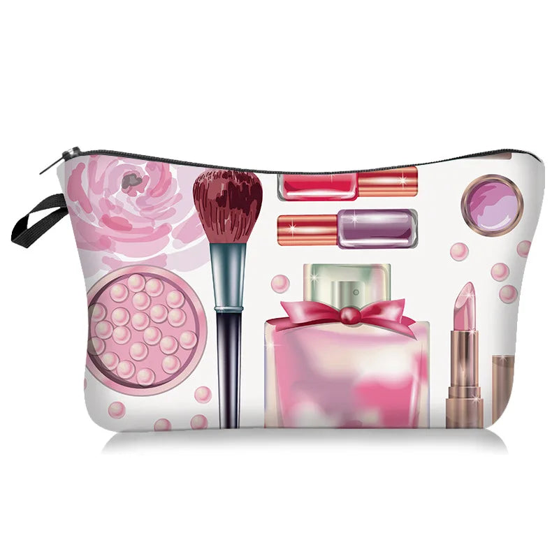 Makeup bag with zipper closure, box shape and cartoon pattern